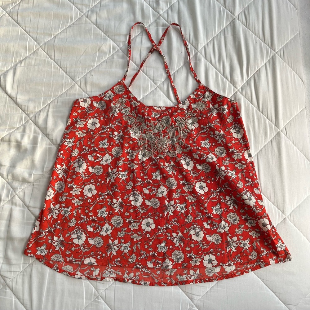 Hollister Red Floral Embroidered Tank Top Size XS